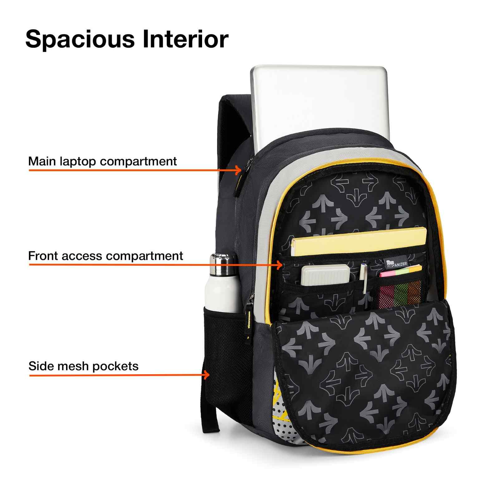 Grey Wave Design Multi-Compartment Laptop Backpack