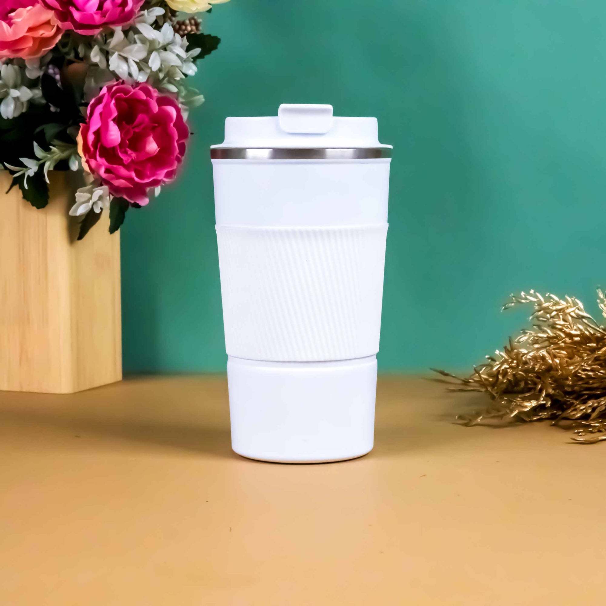 Premium Insulated Travel Coffee Mug with Silicone Grip (White)