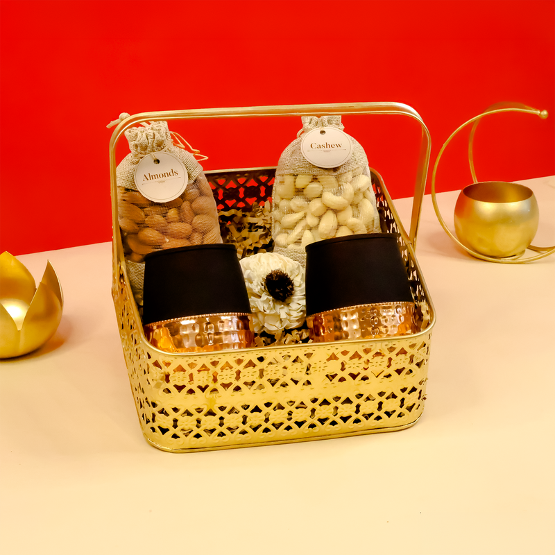 Golden Basket with Copper Glasses