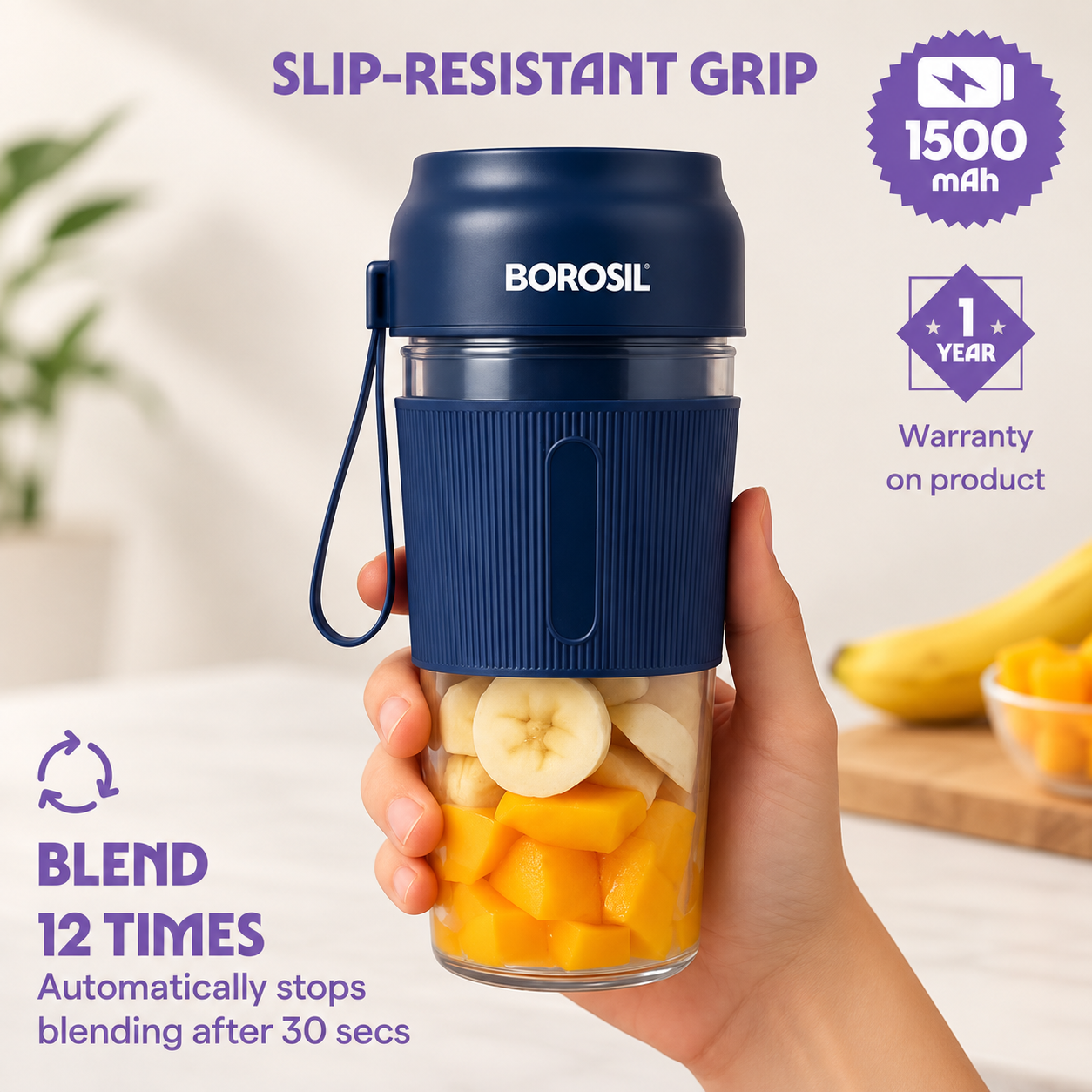 Borosil NutriGrip Blue Portable Blender