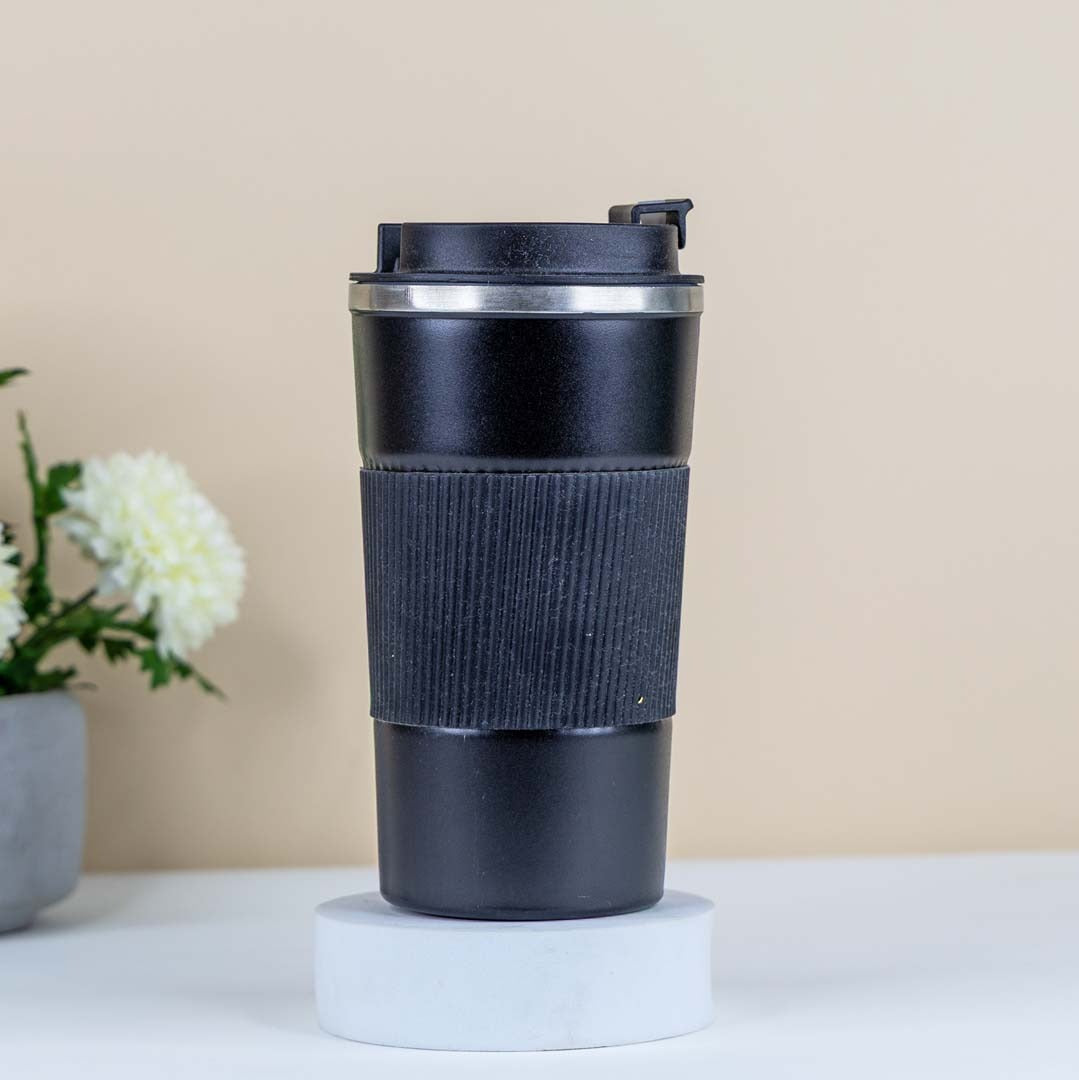 Premium Insulated Travel Coffee Mug with Silicone Grip (Black)